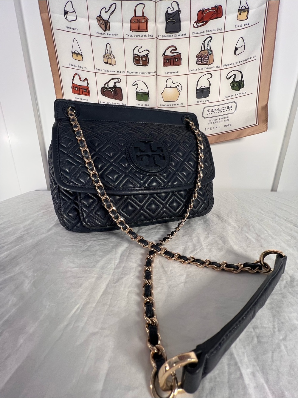 Tory Burch Marion Quilted Convertible Shoulder Bag Navy Blue Leather